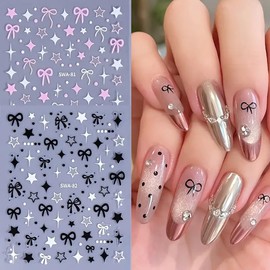 Bow Heart Nail Stickers for Nail Art 3D Self-Adhesive Valentine's Day Bow Heart Nail Decals Bow Heart Love Star Nail Art Design Nail Sticker for Women Acrylic Nail DIY Decoration 6 Sheets