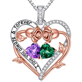 Iefil February May Birthstone Heart Necklace, Anniversary Mothers Day Birthday Gift for Mom Her Wife Girlfriend Birthstone Jewelry Purple Amethyst Necklace Green Emerald Necklaces