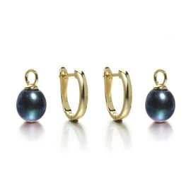 Jo & Co. Freshwater Cultured Pearl and 925 Sterling Silver Gold Plated, Lyre Shaped Hoop and Drop Earrings, 8 X 10 mm Peacock Black Pearl, Detachable Pearl, Some Variation in Colour Tone May Occur
