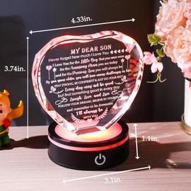 YWHL Meaningful Gifts for Son with Colorful LED Base Birthday Gifts for Son Adult from Mom Dad Crystal Heart Inspirational to My Son Graduation Gift