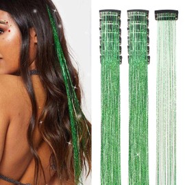 Hair Tinsel 12 Pcs Clip in Hair Tinsel Kit for Girls 20.5 Inch Glitter Shiny Sparkly Fairy Tinsel Hair Extensions Heat Resistant Party Festival Accessories for Women Kids (Green)