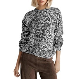 Livtany Women's Leopard Print Loose Fit Sweatshirt Crew Neck Long Sleeve Blouse Casual Distressed Hem Graphic Pullover Tops White