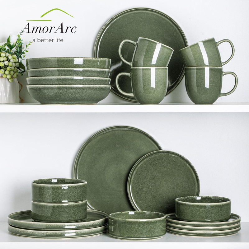AmorArc Ceramic Dinnerware Sets, Handmade Reactive Glaze Stoneware Plates and