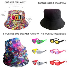 12 Pack Retro 80's 90's Party Bucket Hats with Neon Party Sunglasses, Funny 1980's 1990's Theme Party Hats Set, Retro Photo Booth Props Kit for Hip Hop Party, Birthday, Wedding, Graduation, Outdoor