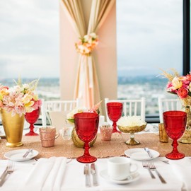 12 Pcs Vintage Wine Glasses, 10 Ounces Colored Glass Water Goblets, Unique Embossed Pattern High Clear Stemmed Glassware Wedding Party Bar Glass Drinking Cups, Floral Red Glasses Set of 12