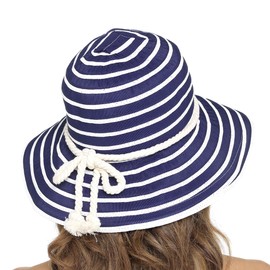 Thingimijigs Ladies Wide Brimmed Blue and White Floppy Summer Sun Hat with Rope Bow - M/L