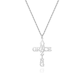 Amazing Grace Cross Necklace 18K Gold Plated Religious Faith Christian Jewelry (Silver)