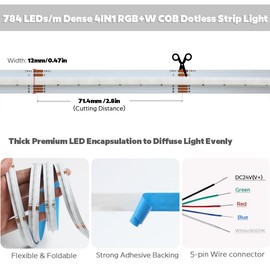 SuperlightingLED High Density Super Bright LEDs Flexible COB Color Changing RGBW LED Strip Lights, DC24V 16.4ft 3920 Chips RGB+6000K Daylight White LED Strips for Indoor Lighting (RGB+6000K IP20)