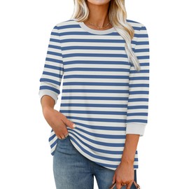 XIEERDUO Womens Tops 3/4 Sleeve T Shirts for Women UK Ladies Crew Neck Tunic Colour Block Summer Fashion Loose Blue Striped Size 14-16