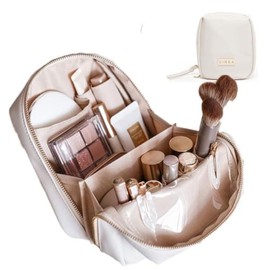Elegante bolsa de cosméticos portátil para mujer con compartimentos, bolsa de maquillaje de viaje de gran capacidad para bolso (beige)                