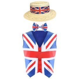 Adults Union Jack Costume - XLarge - Union Jack Waistcoat + Union Jack Bowtie and Straw Boater Hat with Union Jack Band - King's Coronation Fancy Dress Costume