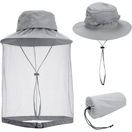 Mogokoyo Mosquito Head Net Hat Beekeeping Hat Anti-Mosquito Sun Hat Fishing Hat with Mosquito Net for Men and Women Face Protection Hat for Outdoor Gardening Jungle Fishing (Light Grey)