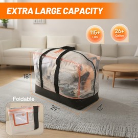 6 Pack Large Moving Bags, Clear Storage Bag with Zipper, Heavy Duty Packing Bags with Wrap Around Handles for Travel, Camping and College Dorm Room (Clear and Black, 6 Pack)