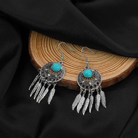 Feather Earrings for Women, Boho Turquoise Feather Tassel Earrings for Girls, Crescent Moon Dangle Earrings Hypoallergenic, Leaf Bohemian Drop Earrings, Indian Earrings Studs, Turquoise Feather Jewelry Gifts Funny Earrings (Silver)