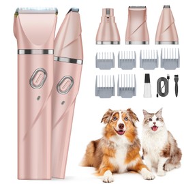 QREEYX Upgrade Dog Grooming Kit, Cordless Dog Paw Trimmer, 4 in 1 Low Noise Pets Hair Clipper Grooming Kit, 2-Speed Nail Grinder with Stainless Steel Blade for Small Pet with Thick Coats (Pink)