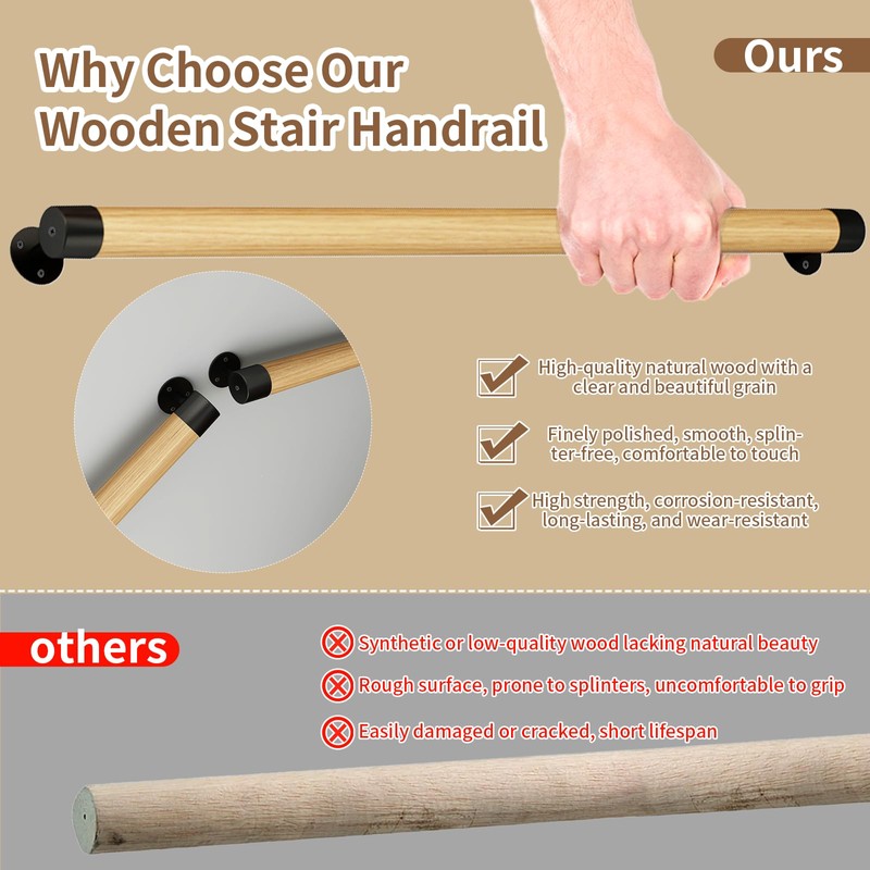 3FT Wooden Stair Handrails,Indoor Outdoor Hand Railings, Sturdy Wall Mount