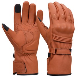 Harssidanzar Winter Motorcycle Gloves for Men, Genuine Leather Full Finger Touchscreen Thermal Lined with Waterproof Thinsulate Motorcycle Riding Gloves KM048, Tan, Size M
