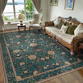 LIVEBOX Machine Washable Large Area Rugs 8x10, Boho Area Rugs for Living Room Non Slip, Vintage Floral Indoor Floor Retro Carpet for Kids Play Bedroom Dining Room, Navy Blue