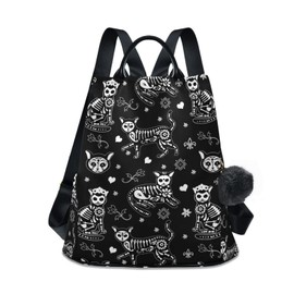 Backpack Purse for Women Nylon Anti-theft travel backpack Lightweight Shoulder Bag with Plush Ball Keychain (Death Cat)