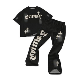Floerns Boy's 2 Piece Outfit Gothic Graphic Short Sleeve Tee and Bell Bottom Pants Set Black 11Y