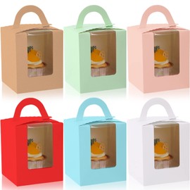Ctosree 60 Pcs Individual Cupcake Boxes Single Colourful Cupcakes Containers with Insert Window and Handle Kraft Cupcake Holders Portable Cupcake Carriers for Bakery Wedding Party Favor (6 Colors)