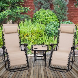 Giantex 3 PCS Zero Gravity Chair Patio Chaise Lounge Chairs Outdoor Yard Pool Recliner Folding Lounge Table Chair Set Backyard Lounge Chairs (Beige)