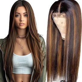 Salharer Real Hair Wig for Women Wigs Straight Human Hair Wig 13 x 6 Lace Front Wig Wigs Real Hair with Baby Hair Any Part Highlight Brown Colour 28 Inches