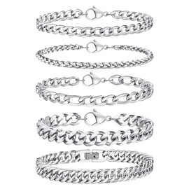 Mens Bracelets Curb Chunky Chain : 5Pcs Cuban Bracelet 9mm Silver Hand Chains Stainless Steel Hip Pop Rapper Unisex Jewelry Gift for Boyfriend Father