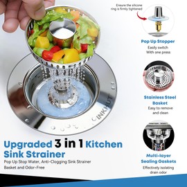 Upgraded 3 in 1 Kitchen Sink Drain Strainer - Stainless Steel Sink Stopper, Anti-Clogging Sink Food Catcher Basket, Fast Drainage Odor Filter Sink Plug for US Standard 3 1/2 inch Drain (Silver-2Pack)