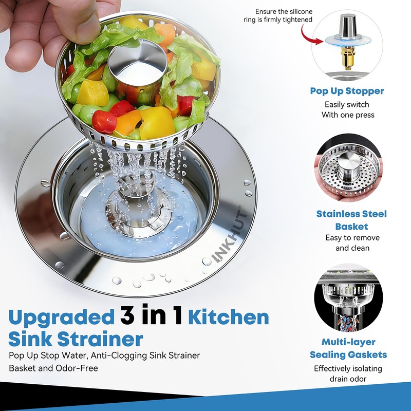 Upgraded 3 in 1 Kitchen Sink Drain Strainer - Stainless