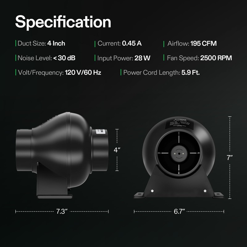 VIVOSUN D4 4 Inch 195 CFM Inline Duct Ventilation Fan,