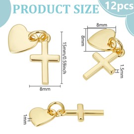 BENECREAT 12 Pcs Brass Cross & Heart Pendant 18K Real Gold Plated Pendant with jump rings Shiny Heart Charm Suitable for Jewelry, Bracelets and DIY Projects