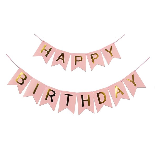 Quirki Happy Birthday Banner Bunting Dusky Pink Gold Letters Women
