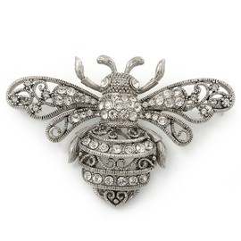 Large Silver Tone Filigree, Diamante 'Bumble Bee' Brooch - 70mm Width
