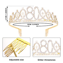 Aster 80. Geburtstag Krone und Schärpe, Gold Geburtstagskrone Tiara Frauen Prinzessin Strass-Krone Partydekorationen zum 80. Geburtstag, für 80. Geburtstag Geschenke