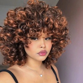 ISAMY 14 Inch Short Curly Wigs for Black Women Afro Kinky Curly Wigs with Bangs Big Bouncy Loose Cute Curly Fluffy Wavy Synthetic Hair (Ombre Brown)