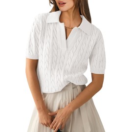 ANRABESS Women's Short Sleeve Sweaters Tops Polo V Neck Cable Knit Casual Soft Pullover Shirts 2024 Summer Outfits Cream X-Large
