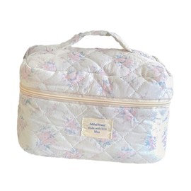 Perfeclan Large Travel Quilted Makeup Bag for Women, Floral Cotton Cosmetic Bag for Womens Ladies Girls, Pink