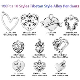 Ipotkitt 100 Pcs 10 Styles Vintage Style Heart Charms Antique Heart Flower Heart Word Charms Mini Love Charms for DIY Craft Jewelry Making Accessories