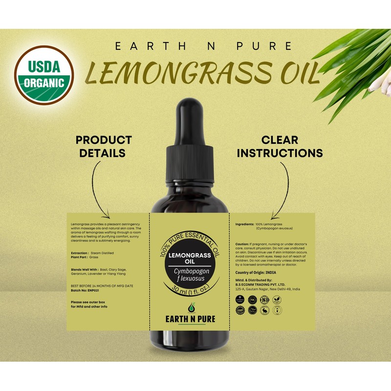 Earth N Pure Lemongrass Essential Oil | Steam Distilled |