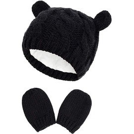 DRESHOW Baby Hat Glove Soft Newborn Mittens Baby Girls Boys Knitted Toddler Hat Infant Winter Beanie Mittens Sets, Black Hat And Mitten