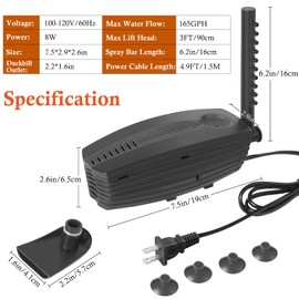 FEDOUR 165GPH Aquarium Filter U-V, 8W Adjustable Fish Tank Filter, U-V Submersible Internal Filter for 10-50 Gallon Tank, with Biochemical Cotton