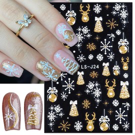 6Pcs Glitter Gold Nail Stickers,Christmas Nail Art Stickers 3D Self-Adhesive Christmas Tree Xmas Ball Striped Deer Pattern Winter Decoration Snowflake Stickers DIY Reindeer Nail Art Supplies for Women