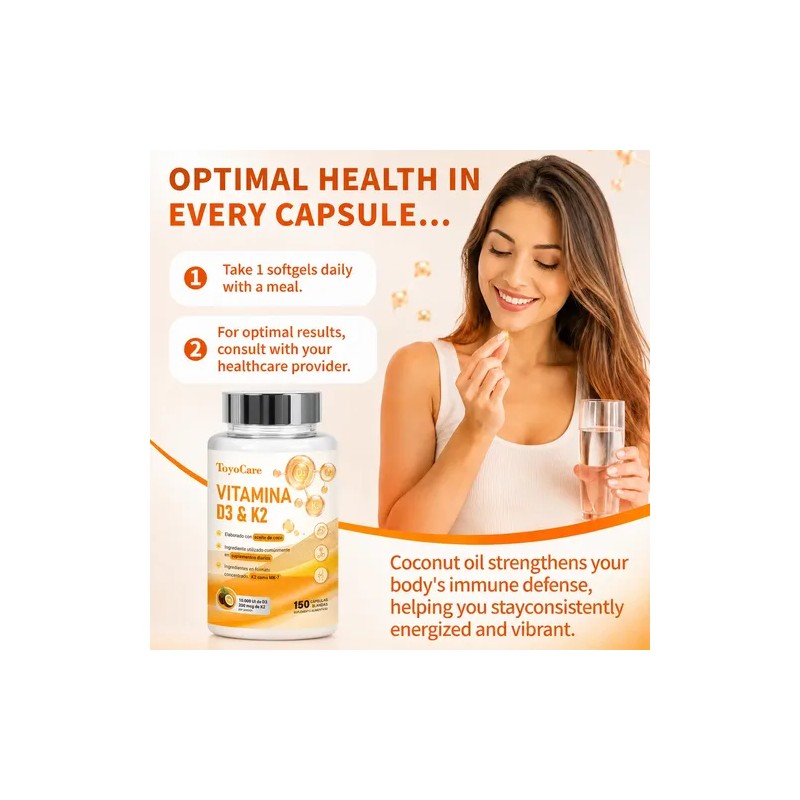 Toyocare Suplemento De Vitamina D3 Y K2 Mk-7, 150 Cápsulas
