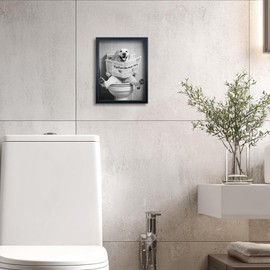 Dog Wall Art - Black And White Animal Painting for Bathroom Restroom Wall Decor - Framed Humorous Bathroom Wall Art Funny Dog Bathroom Sign 8"x10"