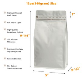 White Kraft Coffee Bags with Side Gusset, Resealable Stand-Up Coffee Pouches with Side Zipper, Degassing Valve for Coffee (Size: 5 x 9.25", 12oz/0.75lb, Pack of 50)