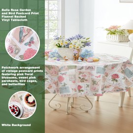Newbridge Vinyl Oval Tablecloth, 60 x 84 Inch, Bella Rose and Bird Postcard Print Flannel Backed Table Cloth, Vintage Pink Floral