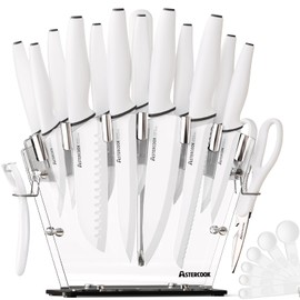 Astercook Knife Set for Kitchen with Block and Sharpener 22 Piece Kitchen Knives Sharp Blade Dishwasher Safe Knife Block Set with Ergonomic Handle, Elegant White