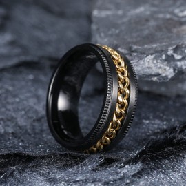 King Will Intertwine 8mm Stainless Steel Fidget Ring Anxiety Ring for Men Gold Curb Chain Inlay Black Spinner Ring 10
