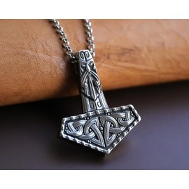 Baldur Jewelry - Large Thor's Viking Celtic Knot Knotwork Thors Hammer Necklace Pendant with chain- Mjölnir Viking Norse God Thor Hammer Pendant Viking Jewelry - Thor Necklace - Thor Gifts for Men